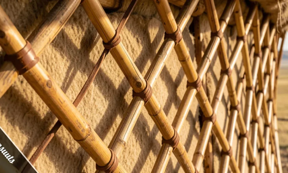 Close-up of oronsuuts, the wooden lattice wall poles of a traditional Mongolian ger tied with leather cord