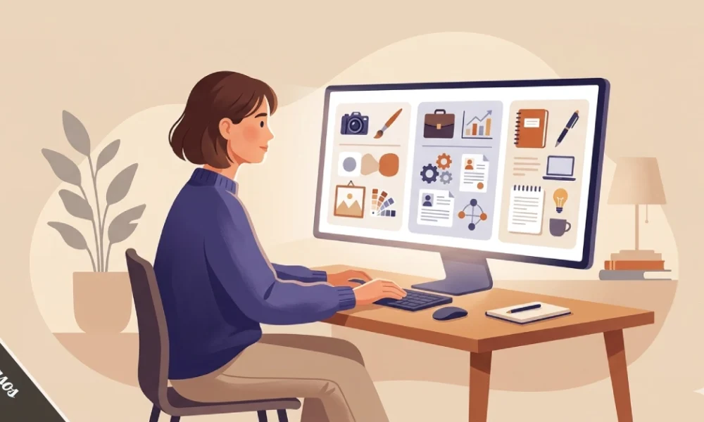 A person managing their digital identity across multiple content panels on a calm, modern platform like Phgasos