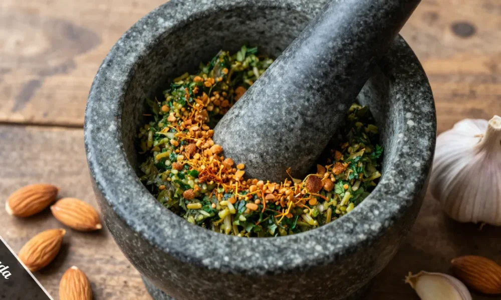 Stone mortar and pestle with picada paste made from toasted almonds, garlic, and fresh parsley on a rustic wooden surface