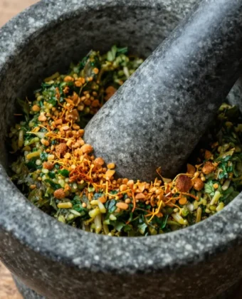 Stone mortar and pestle with picada paste made from toasted almonds, garlic, and fresh parsley on a rustic wooden surface