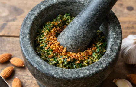 Stone mortar and pestle with picada paste made from toasted almonds, garlic, and fresh parsley on a rustic wooden surface