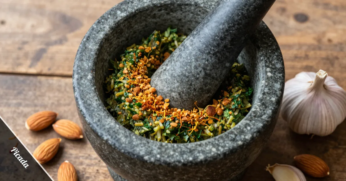 Stone mortar and pestle with picada paste made from toasted almonds, garlic, and fresh parsley on a rustic wooden surface