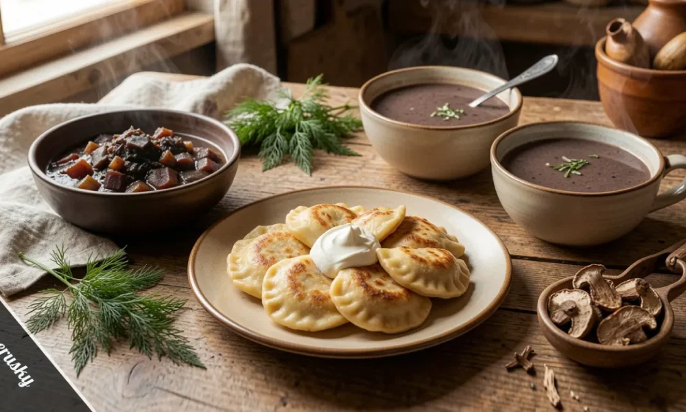 Homemade Pomerusky dishes including pierogi, bigos stew, and żurek soup served on a rustic wooden table