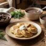 Homemade Pomerusky dishes including pierogi, bigos stew, and żurek soup served on a rustic wooden table
