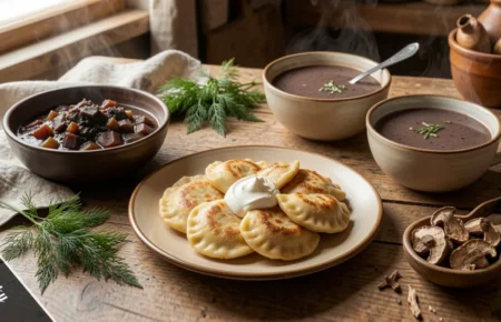 Homemade Pomerusky dishes including pierogi, bigos stew, and żurek soup served on a rustic wooden table