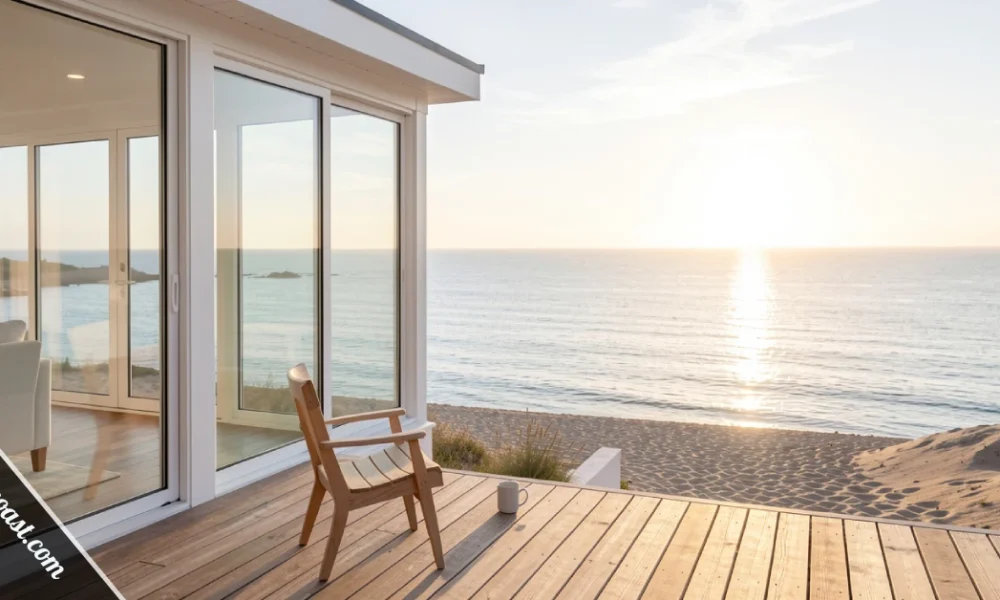 Primacoast.com coastal living guide showing a modern beachfront home with ocean views at golden hour