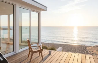 Primacoast.com coastal living guide showing a modern beachfront home with ocean views at golden hour