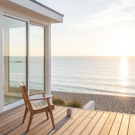 Primacoast.com coastal living guide showing a modern beachfront home with ocean views at golden hour