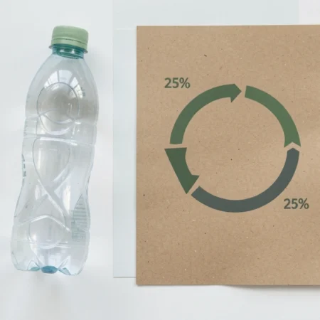 Recycled plastic bottle showing Rezyklatanteil percentage with circular recycling diagram on kraft paper
