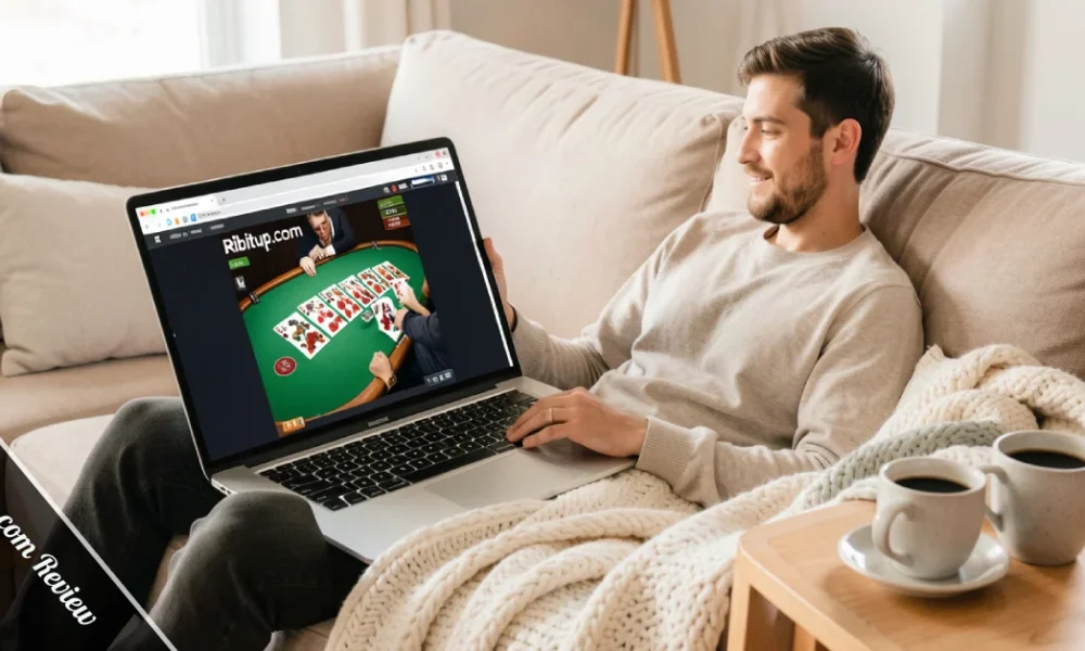 Ribitup.com review on a laptop showing the casino lobby and live blackjack