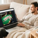 Ribitup.com review on a laptop showing the casino lobby and live blackjack