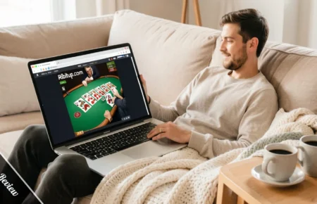 Ribitup.com review on a laptop showing the casino lobby and live blackjack