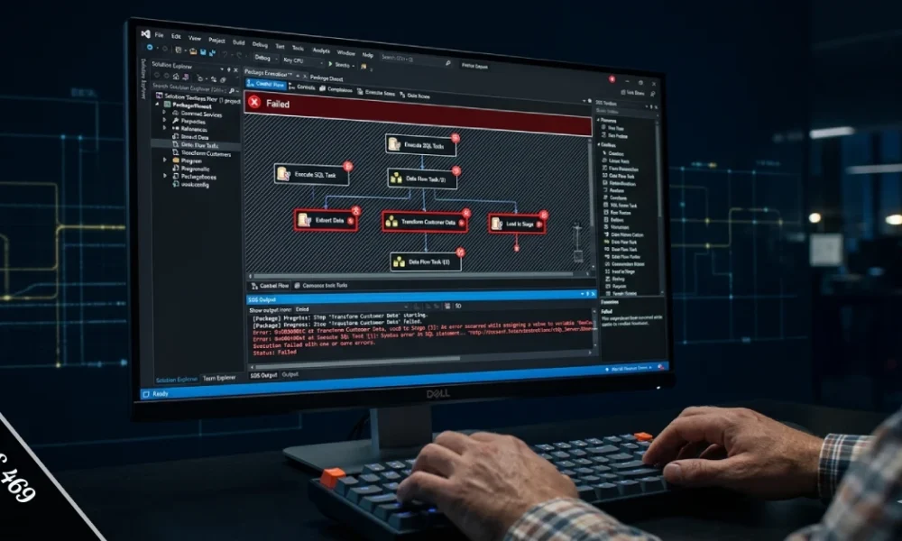 Developer viewing SSIS 469 error in a failed SQL Server Integration Services package execution log