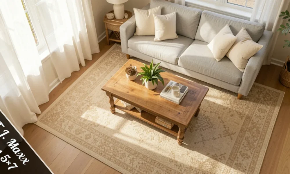 T.J. Maxx Rugs 5×7 styled in a cozy living room under a coffee table with neutral farmhouse décor.