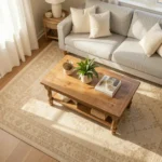 T.J. Maxx Rugs 5×7 styled in a cozy living room under a coffee table with neutral farmhouse décor.