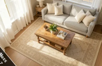 T.J. Maxx Rugs 5×7 styled in a cozy living room under a coffee table with neutral farmhouse décor.