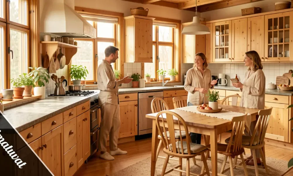 Tiimatuvat communal living space with open layout, natural materials, and shared areas in a traditional Finnish home.