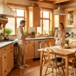 Tiimatuvat communal living space with open layout, natural materials, and shared areas in a traditional Finnish home.