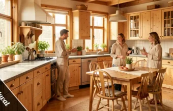 Tiimatuvat communal living space with open layout, natural materials, and shared areas in a traditional Finnish home.