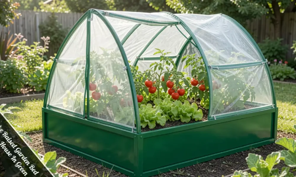 Timberlake raised garden bed with green house in green in a sunny backyard filled with growing vegetables.