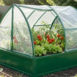 Timberlake raised garden bed with green house in green in a sunny backyard filled with growing vegetables.