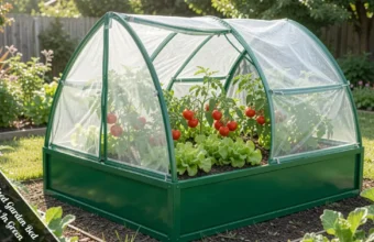 Timberlake raised garden bed with green house in green in a sunny backyard filled with growing vegetables.