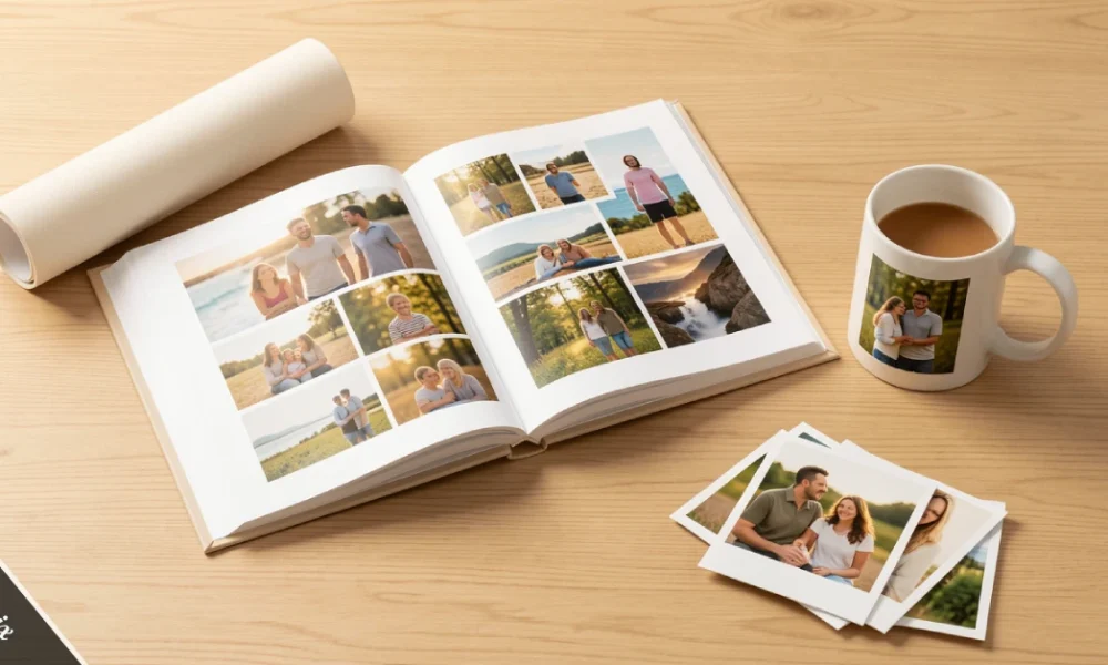 Wallapix photo book, canvas print, and personalized mug displayed on a wooden surface