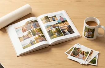 Wallapix photo book, canvas print, and personalized mug displayed on a wooden surface