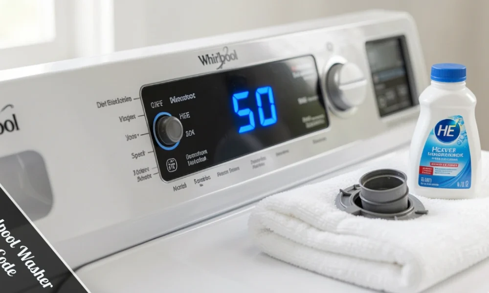 Whirlpool Washer 5D Code showing on front-load washer with HE detergent bottle and clean drain filter nearby.