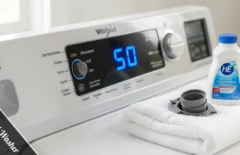 Whirlpool Washer 5D Code showing on front-load washer with HE detergent bottle and clean drain filter nearby.