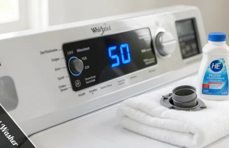 Whirlpool Washer 5D Code showing on front-load washer with HE detergent bottle and clean drain filter nearby.