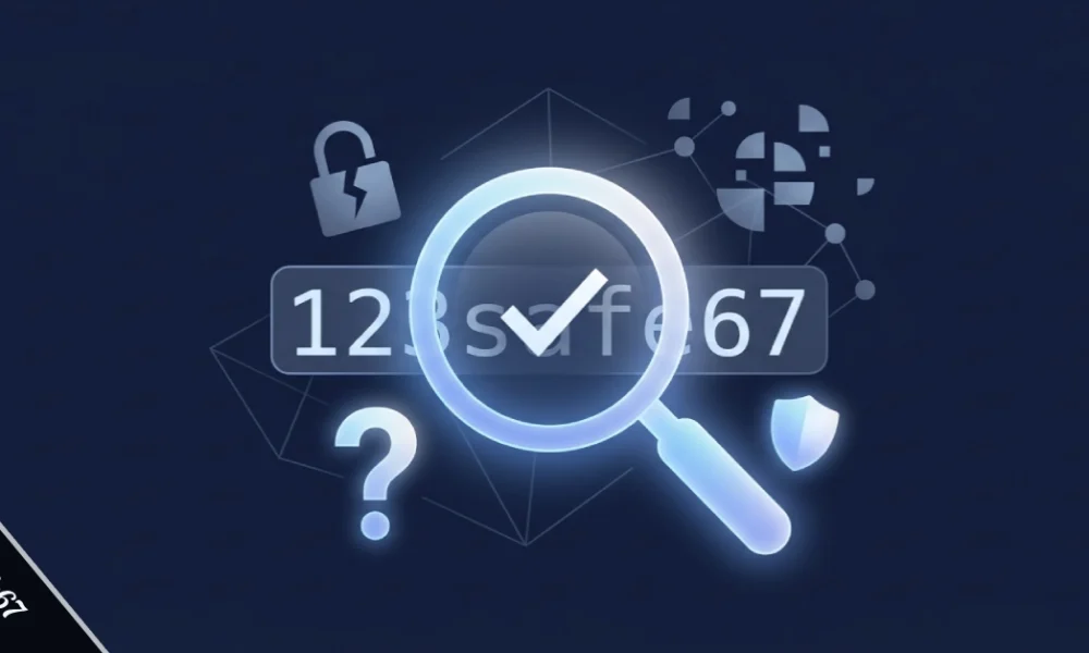 Magnifying glass inspecting the code 123safe67 with digital safety icons on a dark blue background