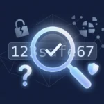 Magnifying glass inspecting the code 123safe67 with digital safety icons on a dark blue background