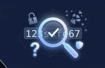 Magnifying glass inspecting the code 123safe67 with digital safety icons on a dark blue background