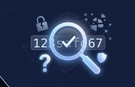 Magnifying glass inspecting the code 123safe67 with digital safety icons on a dark blue background