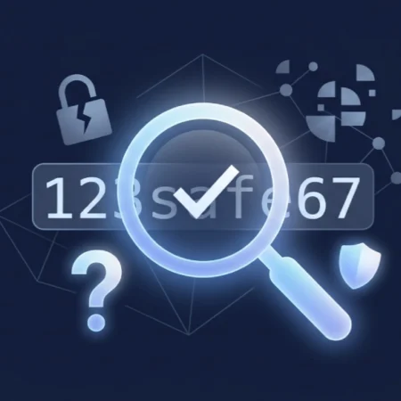 Magnifying glass inspecting the code 123safe67 with digital safety icons on a dark blue background
