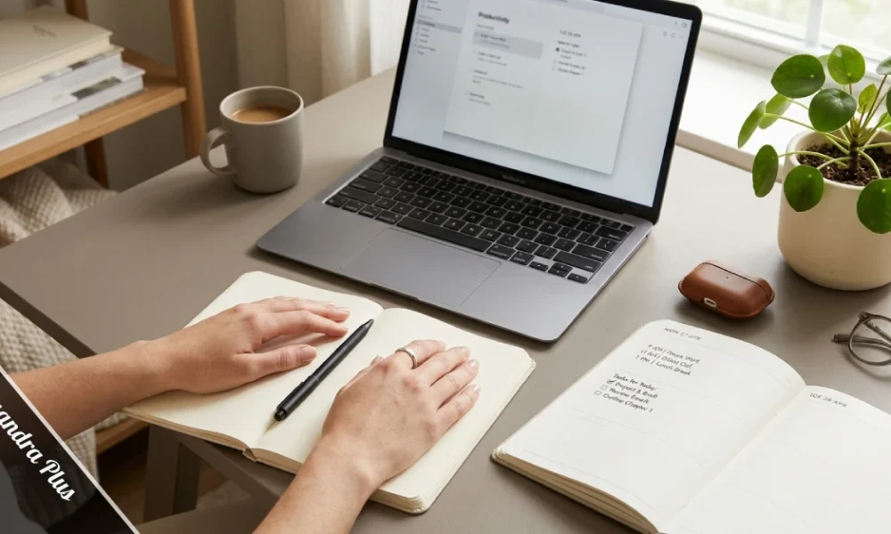 Aleksandra Plus review – person organizing daily habits at a calm, minimal workspace with a notebook and planner