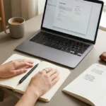 Aleksandra Plus review – person organizing daily habits at a calm, minimal workspace with a notebook and planner