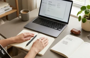 Aleksandra Plus review – person organizing daily habits at a calm, minimal workspace with a notebook and planner