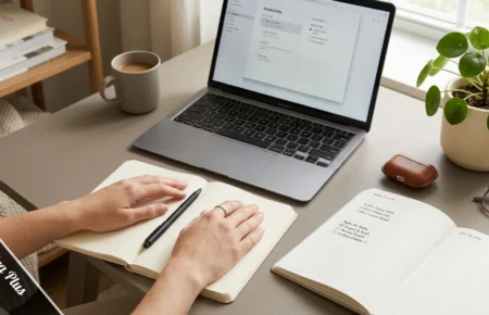 Aleksandra Plus review – person organizing daily habits at a calm, minimal workspace with a notebook and planner