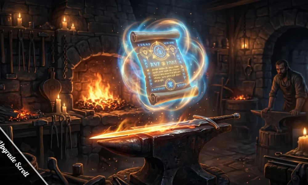 A glowing Blessed Upgrade Scroll floating above an anvil with golden protective light in a dark fantasy forge