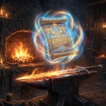 A glowing Blessed Upgrade Scroll floating above an anvil with golden protective light in a dark fantasy forge