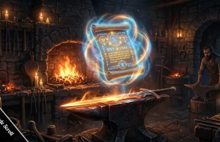 A glowing Blessed Upgrade Scroll floating above an anvil with golden protective light in a dark fantasy forge