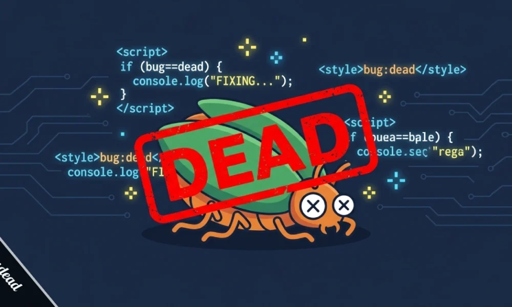 Bugsisdead meaning shown as a cartoon bug with X eyes on a dark tech background