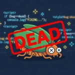 Bugsisdead meaning shown as a cartoon bug with X eyes on a dark tech background