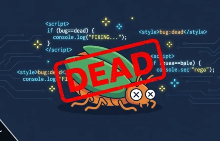 Bugsisdead meaning shown as a cartoon bug with X eyes on a dark tech background