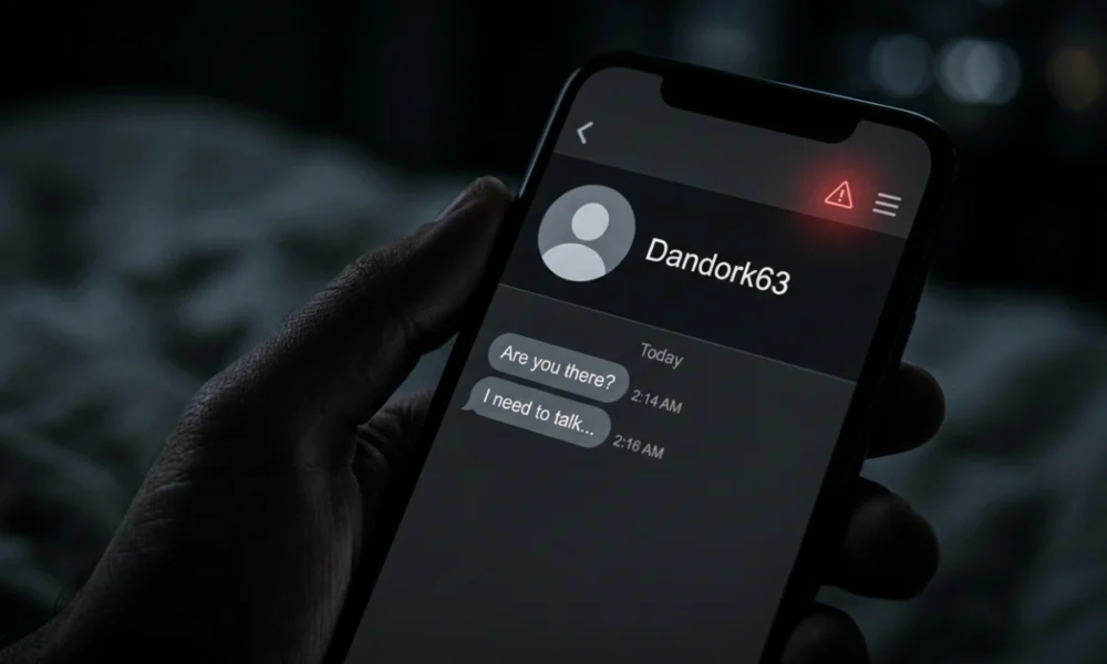 Smartphone showing the Dandork63 username on a hookup app with a warning sign
