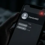 Smartphone showing the Dandork63 username on a hookup app with a warning sign