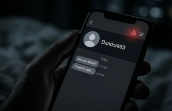 Smartphone showing the Dandork63 username on a hookup app with a warning sign