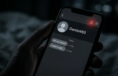 Smartphone showing the Dandork63 username on a hookup app with a warning sign